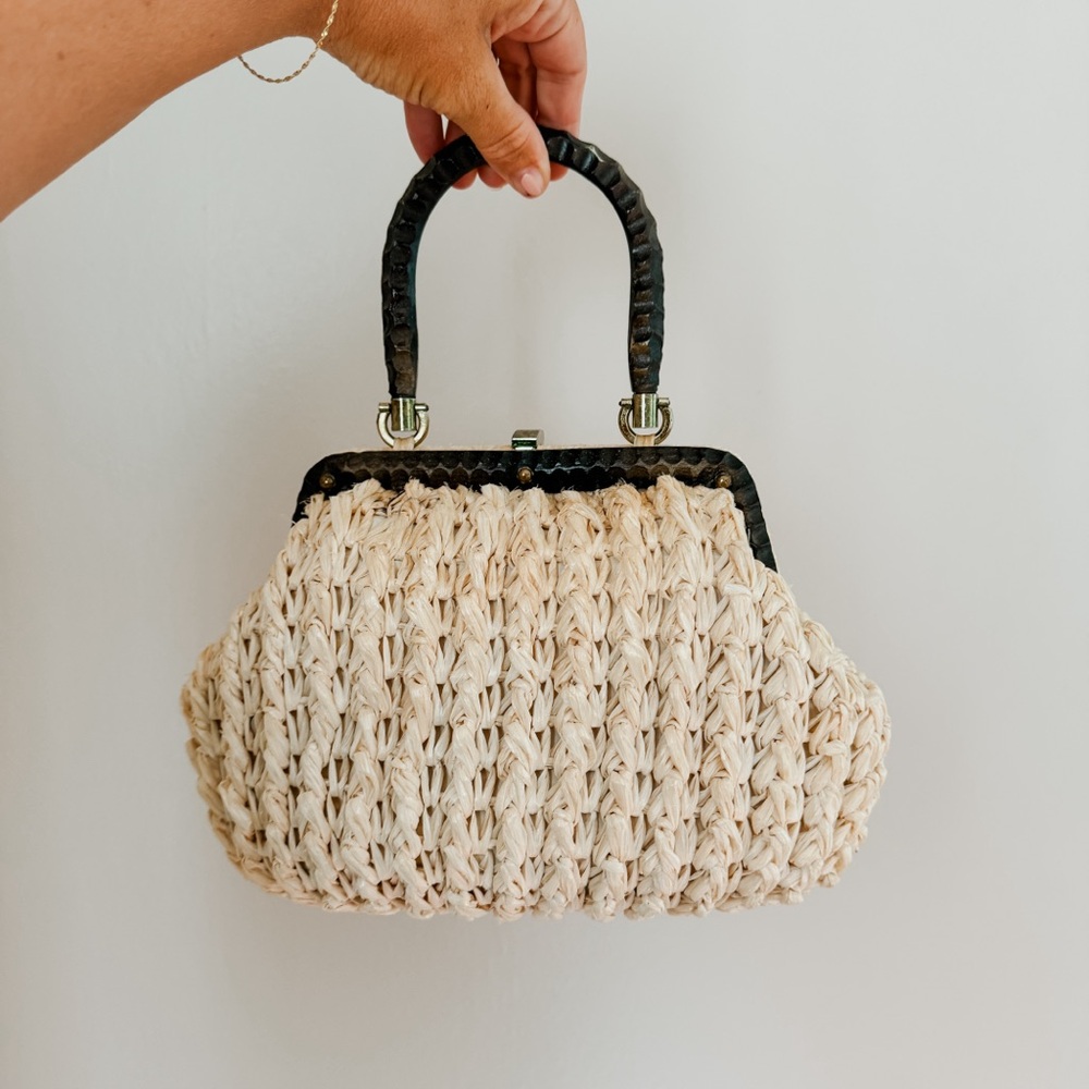 Vintage Cream Woven Frame Bag with Black Handle